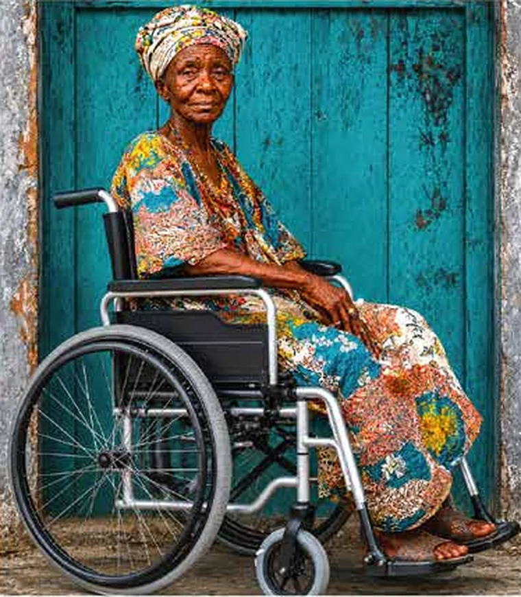 An elderly woman seated in a wheelchair, from the club’s Wheels of Impact campaign